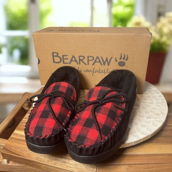 BEARPAW Moc II Slippers Buffalo Plaid Knit NeverWet Fleece Mens 10 Indoor Outdoo - Picture 9 of 12